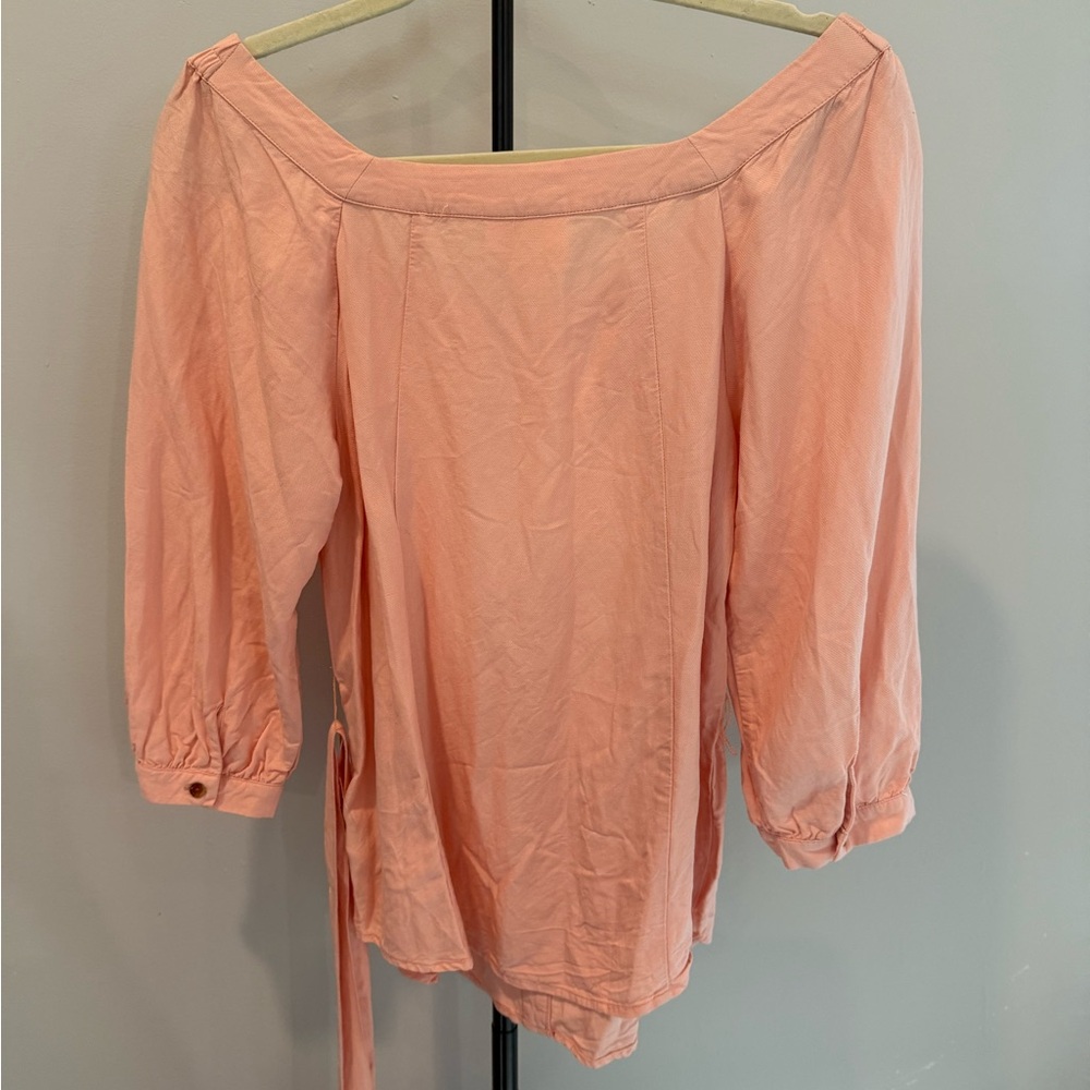 Anthropologie Maeve Belted Blouse Linen Blend Off Shoulder Button Pink US Size 4 - Picture 9 of 9